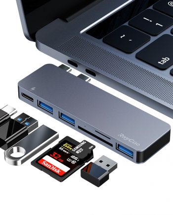 Specification Product Name RayCue 6 in 1 Dual USB C HUB (6 in 2 USB Type C Adaptor) Color Space Gray Material Aluminum Alloy Thunderbolt 3 Port PD Power Delivery Charging Data transfer speed up to 40Gbps USB 3.0 Port with 3 USB 3.0 Ports, Data transfer speed up to 5Gbps Maximum power output up to 5V/900mAh (support 2.5''HDD up to 2TB) SD/Micro card reader Support up to 256GB with SD and Micro SD Card Slots Compatibility MacBook Pro 2016/2017/2018 13 inch/15 inch, Macbook Air 2018