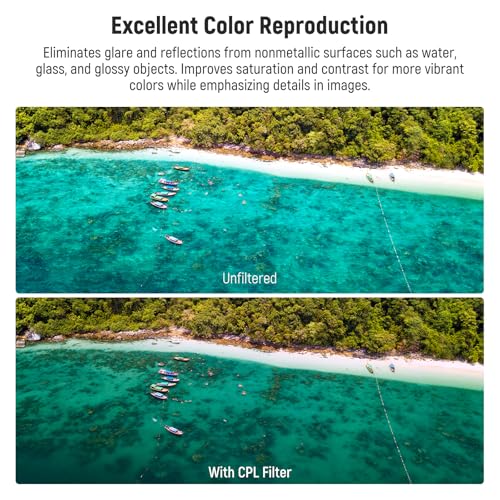 Neewer CPL filter for DJI Mini 4 Pro drone, expertly reducing water glare and reflections to capture clearer, vibrant aerial footage.