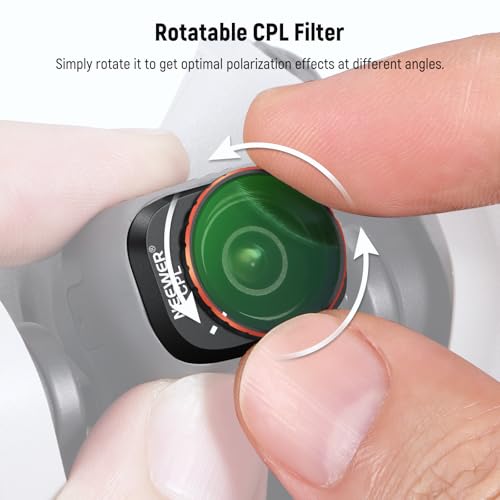 Detail of the NEEWER CPL filter showcasing its rotatable mechanism, multicoated HD optical glass, and lightweight precision frame for DJI Mini 4 Pro drones.