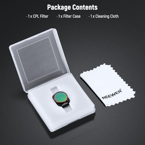 NEEWER CPL filter for DJI Mini 4 Pro drone showcased with its compact, protective storage case, ensuring lens safety.